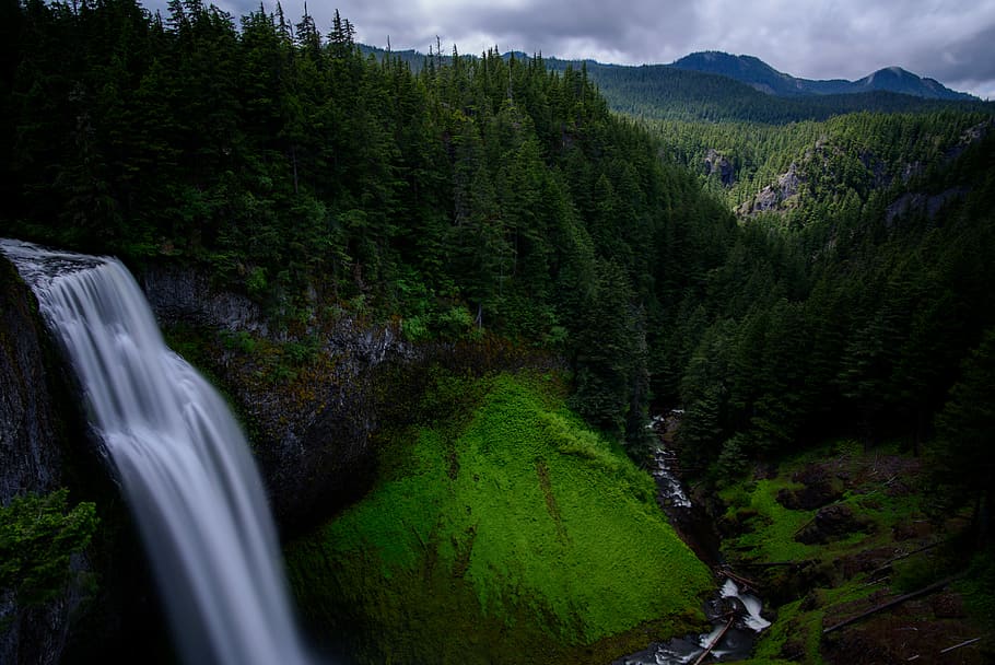reel view of waterfalls, aerial photography of waterfall and green trees HD wallpaper
