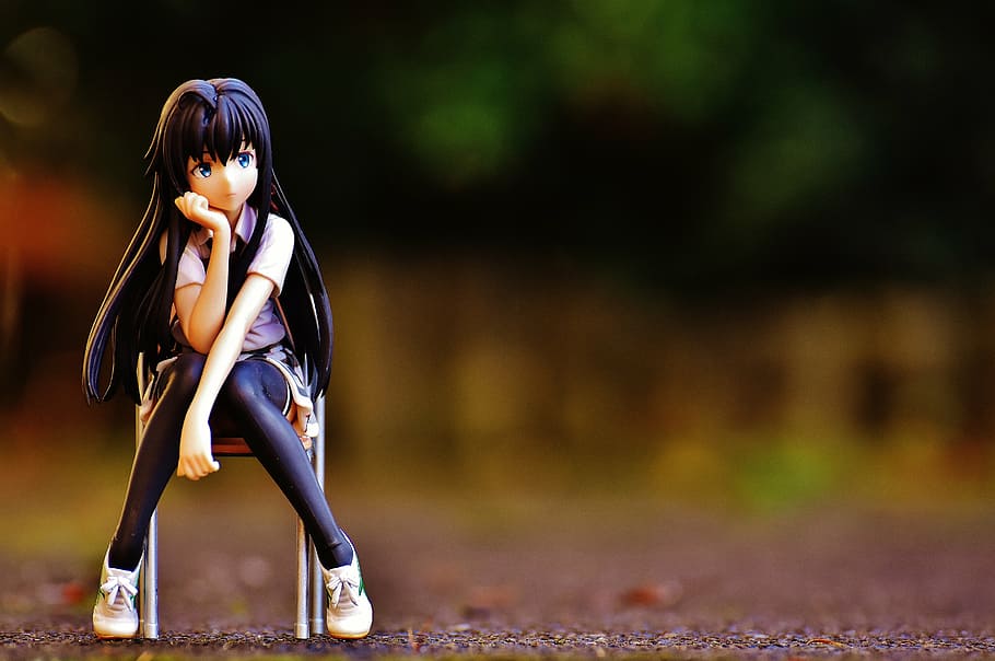 selective focus photography of female character sitting on chair HD wallpaper