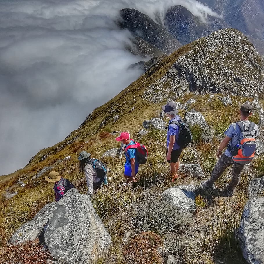 hikers, clouds, mountains, rock, landscape, trekking, real people HD wallpaper