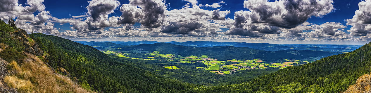 green trees under cloudy sky, Panorama, Bavarian Forest, Mountains HD wallpaper