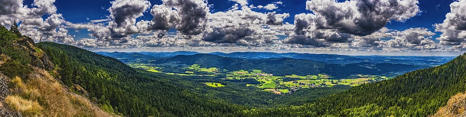 green trees under cloudy sky, Panorama, Bavarian Forest, Mountains HD wallpaper