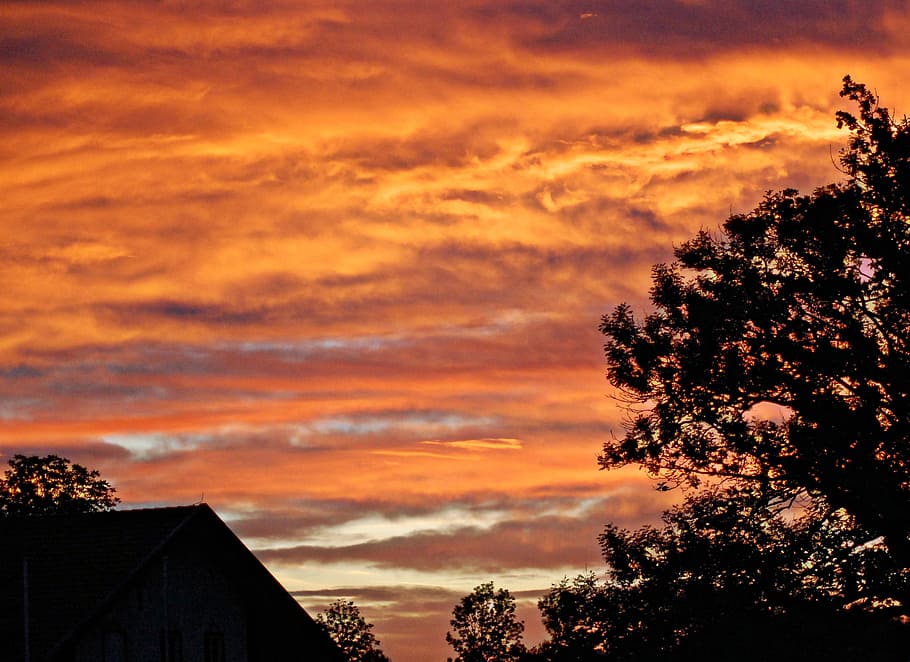 afterglow, herrenchiemsee, trees, barn, red, sky, clouds, details HD wallpaper
