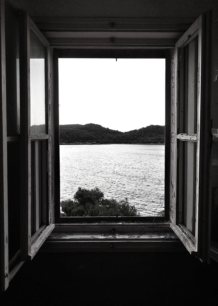 black white, window, river, water, sea, indoors, sky, no people HD wallpaper