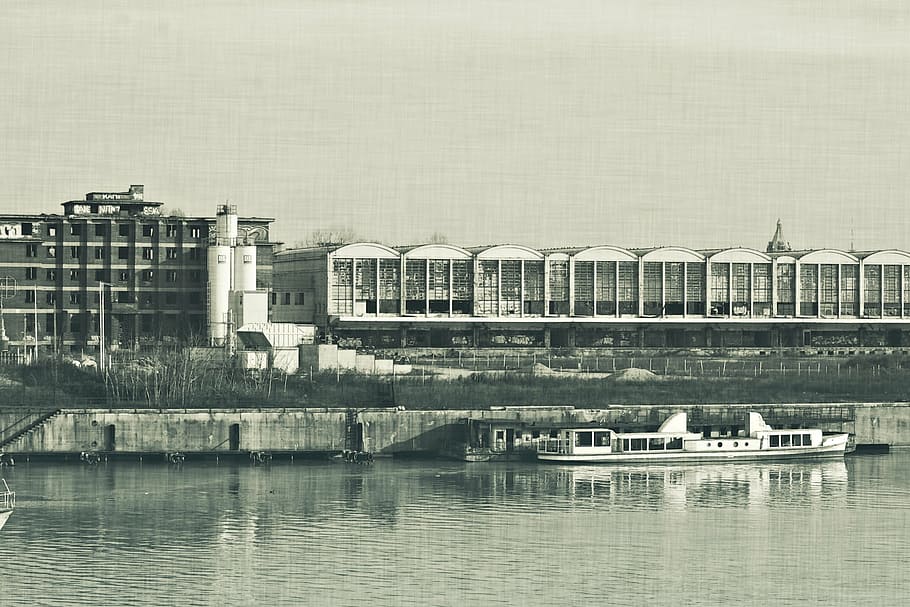 factory, river, ship, mood, building, part, contamination, rom HD wallpaper