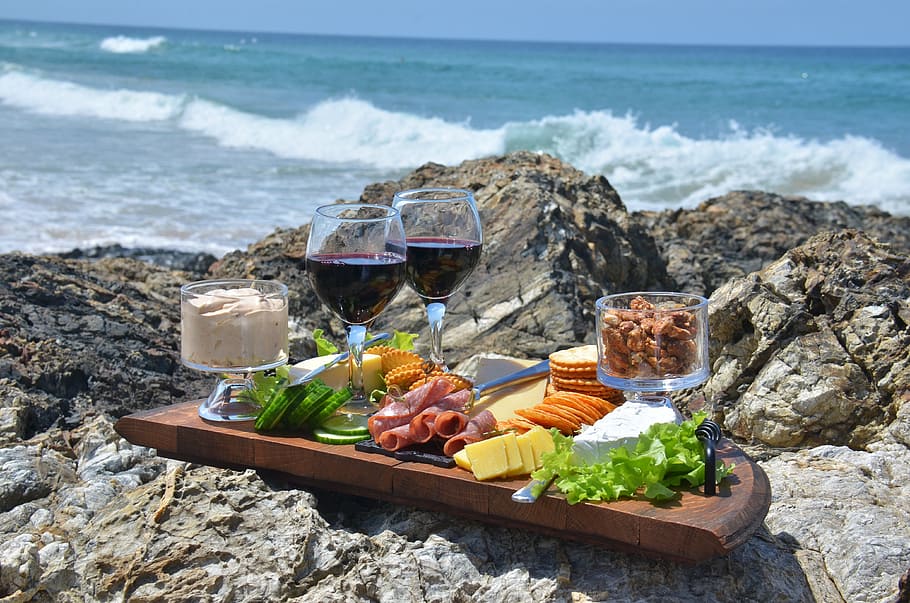 deesert beside glass of wine on tray, cheese platter, food HD wallpaper
