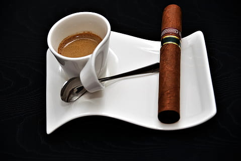 brown cigar beside teacup on plate, espresso, coffee, enjoy HD wallpaper