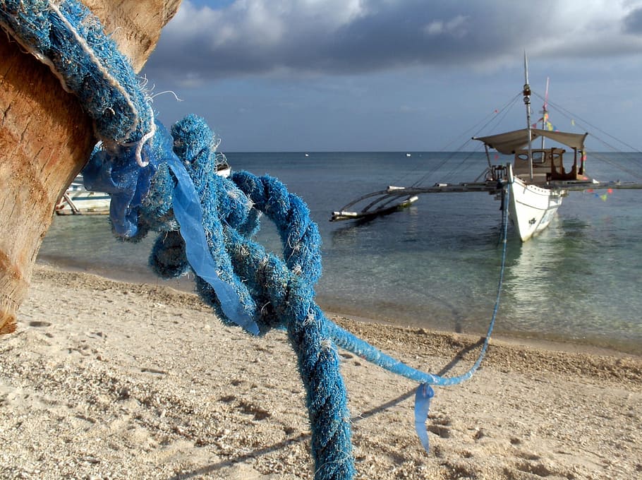 sea, boot, dew, water, beach, sky, land, cloud - sky, rope HD wallpaper