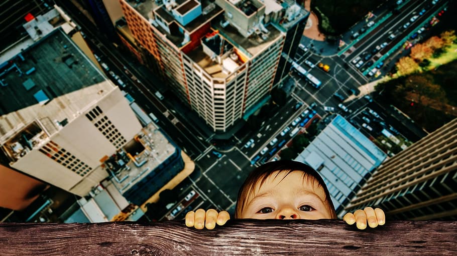 kid holding on brown wood digital photo, child, window sill HD wallpaper