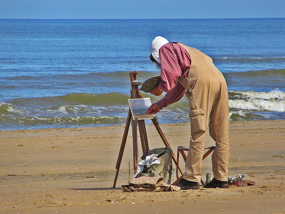 person painting near body of water, Painter, Sea, Artist, beach HD wallpaper