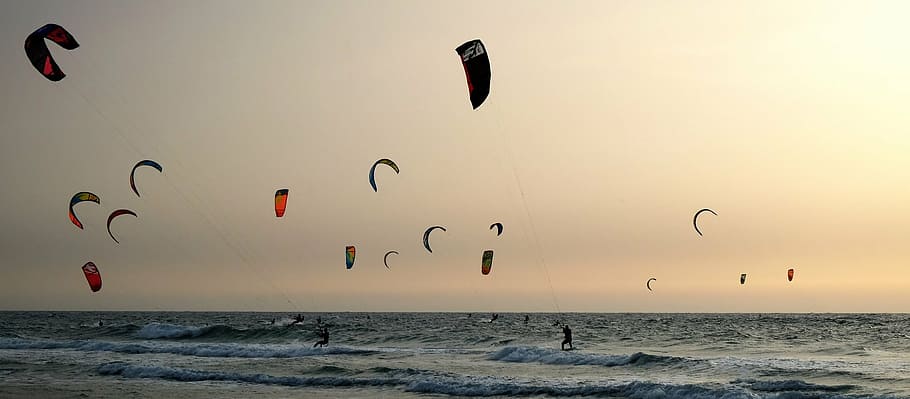 body of water, kitesurfing, sea, wave, wind, flying, sunset, mid-air, HD wallpaper