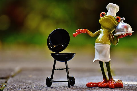 green frog beside black charcoal grill miniatures, cooking HD wallpaper