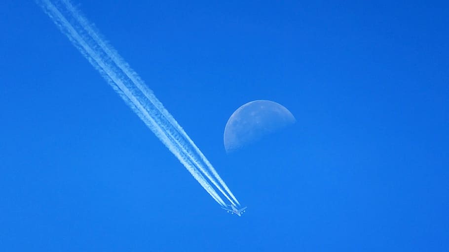 sky, moon, plane, airplane, flying, aviation, blue, flight HD wallpaper