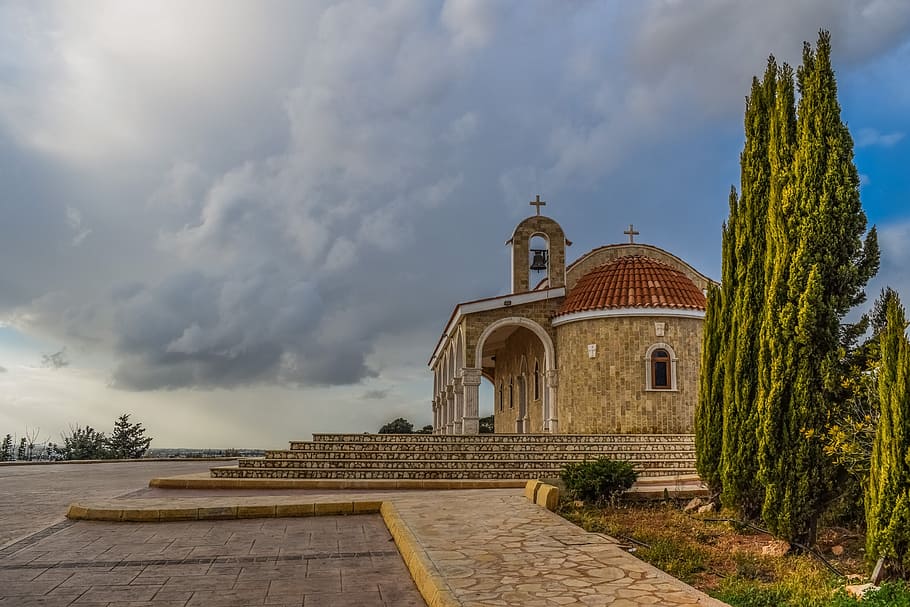 brown concrete church under cloudy sky, landscape, cypress HD wallpaper