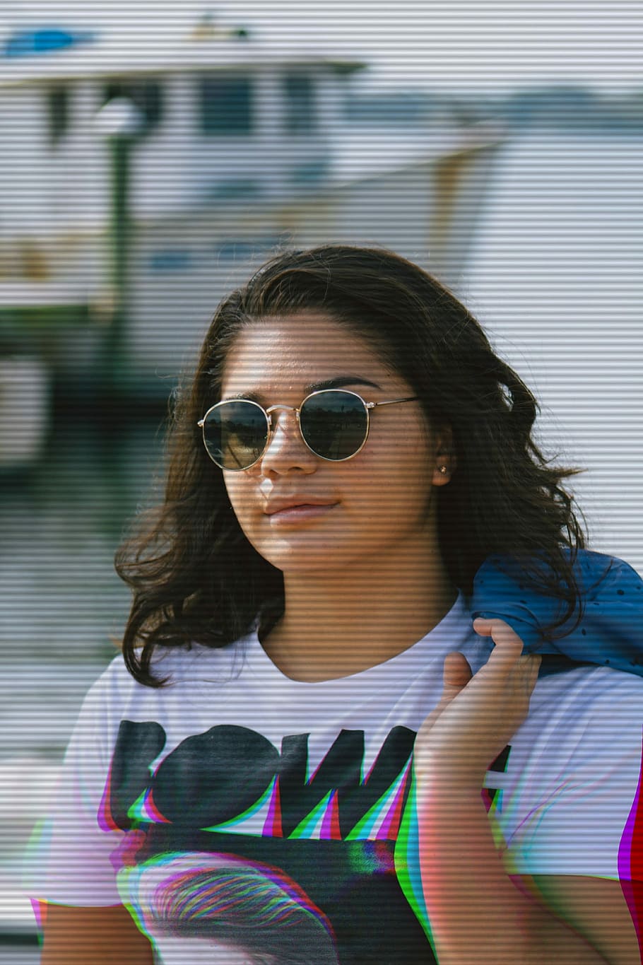 woman wearing sunglasses holding blue textile, woman holding blue jacket screengrab HD wallpaper