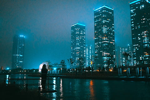 Last night’s rain, person under white umbrella, city, river HD wallpaper