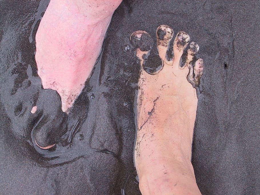 person's feet soaked at mud, sand, volcano, earth, gatsch, black HD wallpaper