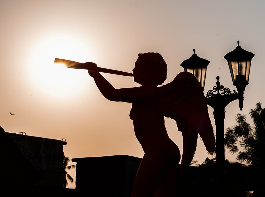 silhouette of cherub holding trumpet figurine, maracaibo, venezuela, HD wallpaper