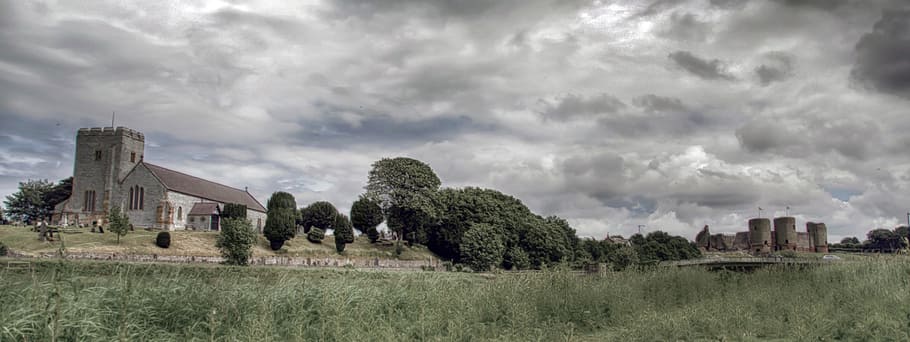 landscape, clouds, castle, grass, old, church, heritage, architecture HD wallpaper
