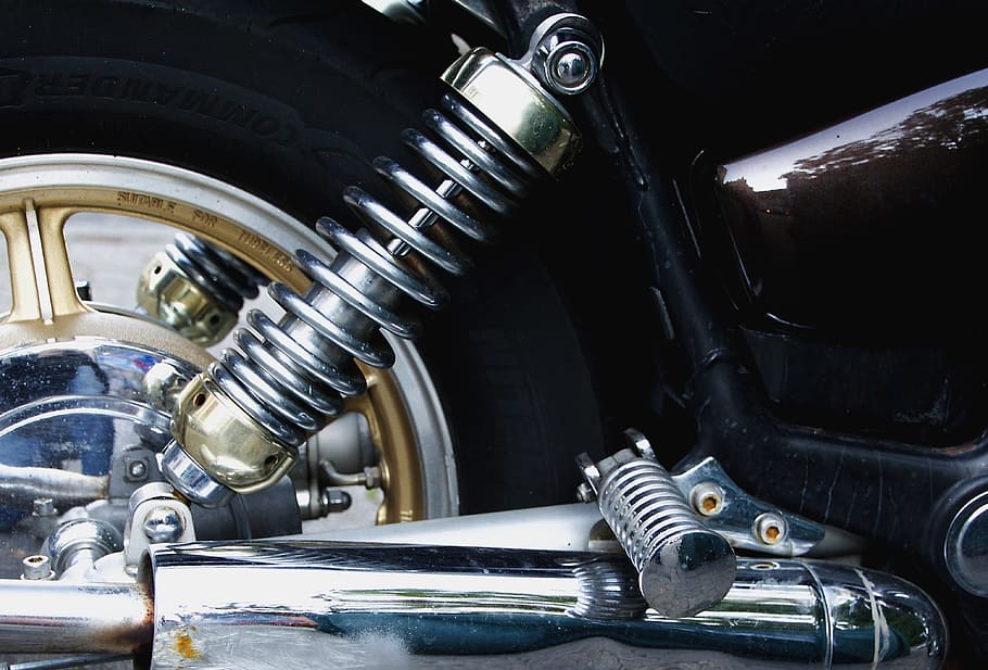 closed up photo of silver motorcycle coilover, yamaha, details, HD wallpaper