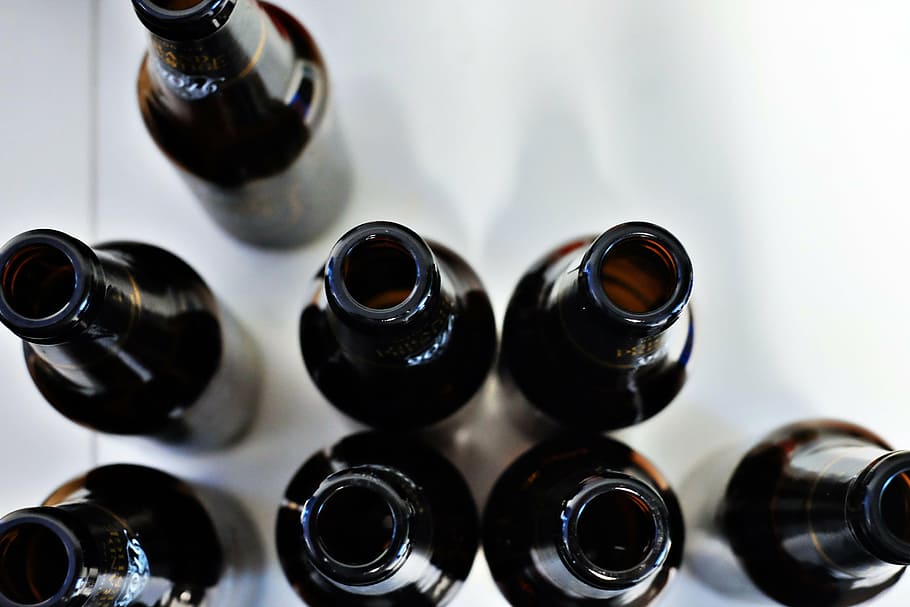 black glass bottle, bottles, macro, empty, brown glass, eight HD wallpaper