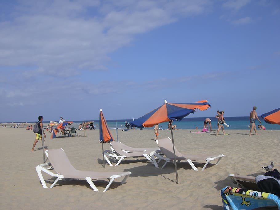 beach, parasol, sun lounger, sea, sand beach, holiday, holidays HD wallpaper