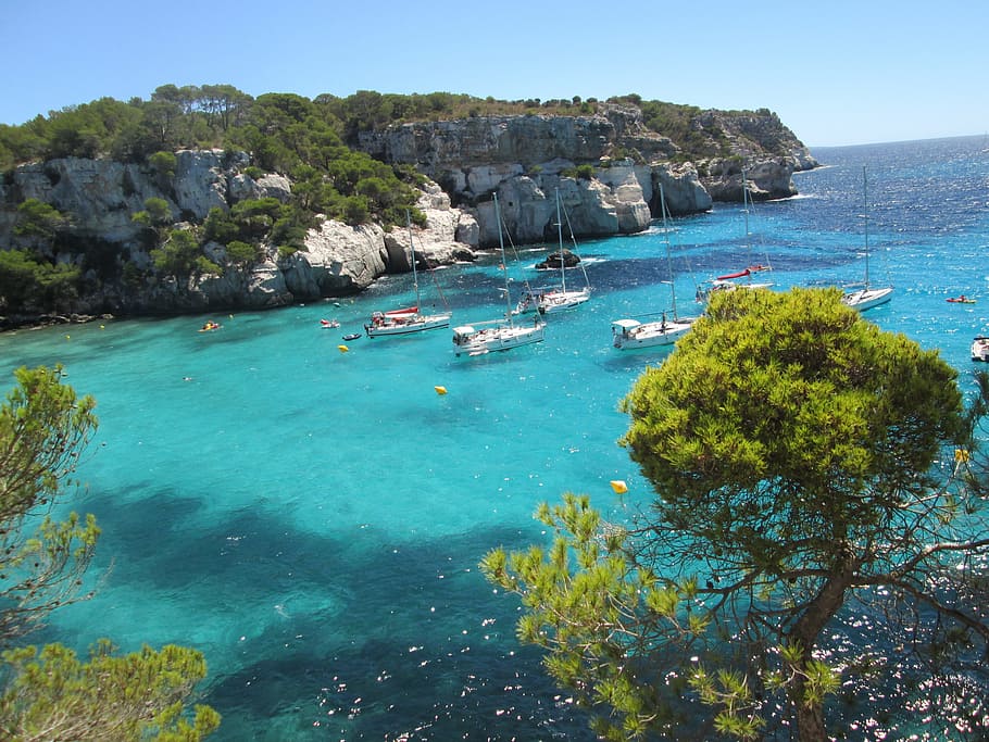 top view of sail boats on sea, Minorca, Balearic Islands, Spain HD wallpaper