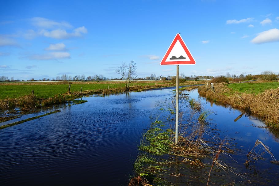waterway, flood, road sign, communication, warning sign, nature HD wallpaper