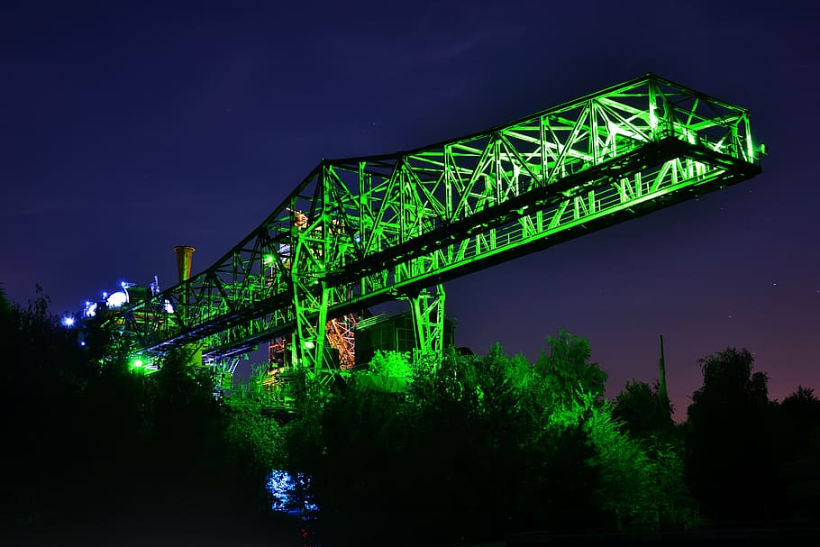 black and green bridge at nighttime, duisburg, industry, factory