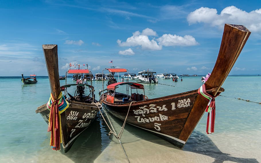 Phuket, Thailand, Phi Phi Island, wooden boats, nature, sea, HD wallpaper