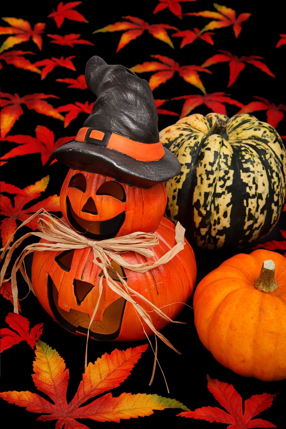 jack-o'-lantern and pumpkin on black surface, autumn, decor HD wallpaper