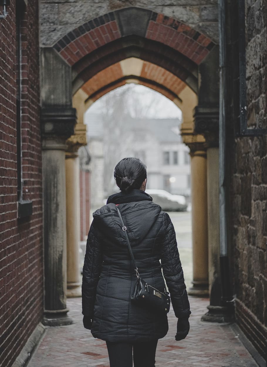 people, woman, jacket, bag, black, street, alley, establishment HD wallpaper