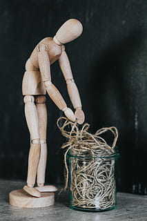 Wooden mannequin in various poses, hand, model, yarn, pencils HD wallpaper