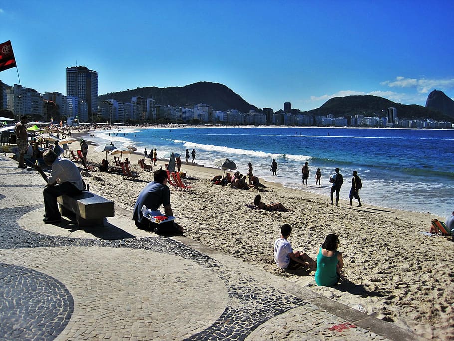 people gathered at brown sand beach, rio, at the copacabana, view of sugar loaf mountain, HD wallpaper