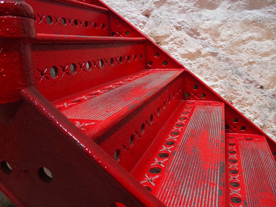 red steel stair, staircase, gradually, emergence, stairs, rise HD wallpaper