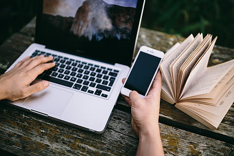 Man working on Macbook at lake, workspace, workplace, computer HD wallpaper