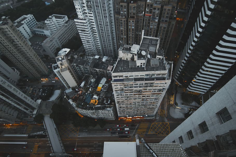 aerial photo of concrete building, aerial photo of urban city with buildings HD wallpaper