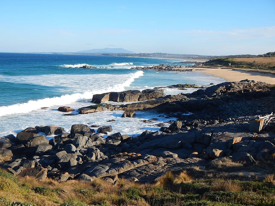australia, ulladulla, beach, riva, sea, rocks, sand, sky, water HD wallpaper