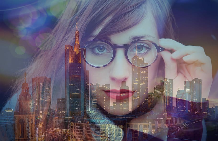 woman and city during night art, reflection, glass, window HD wallpaper