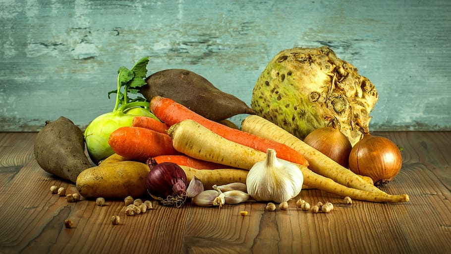 assorted vegetables on brown surface, carrots, parsley, garlic HD wallpaper
