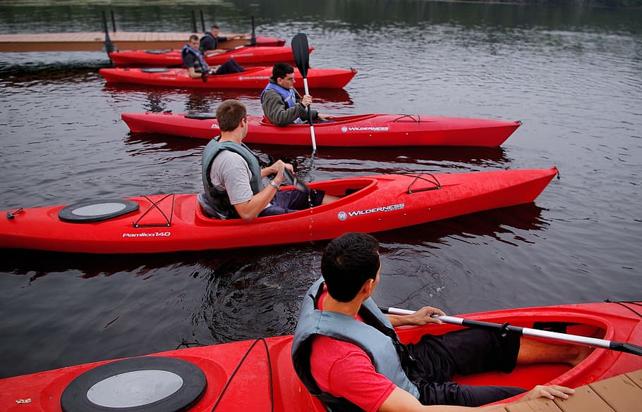 People Riding Kayaks, boats, canoe, group, lake, leisure, men HD wallpaper