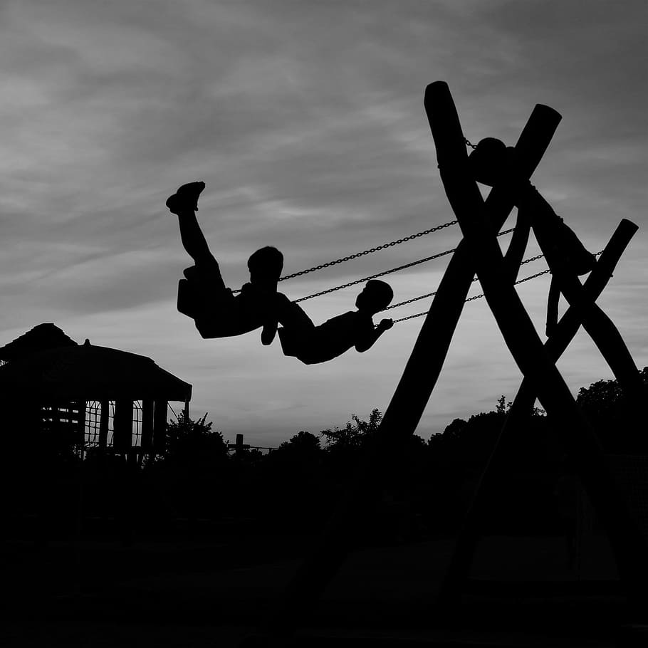 silhouette of two children in swing, people, outdoors, jumping HD wallpaper