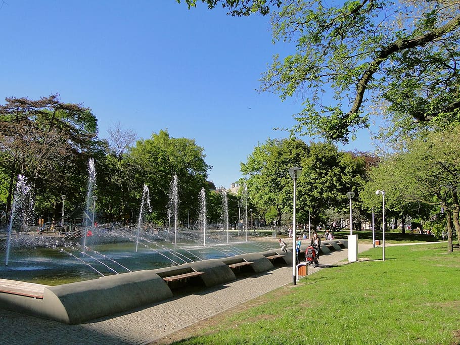 Poland, Clouds, Trees, Nature, park, sky, outside, fountain HD wallpaper