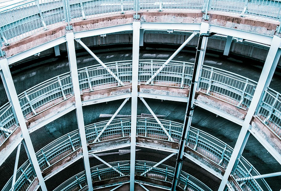 aerial photography of round building interior, high-angle photography of white and brown architectural design HD wallpaper