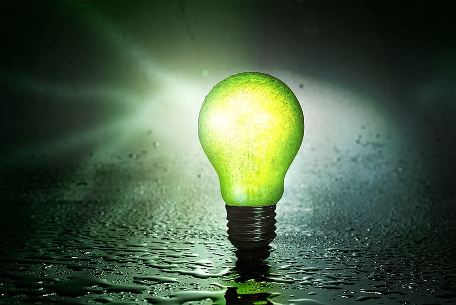 green incandescent bulb, light bulb, fruit, pear, water, drip, HD wallpaper