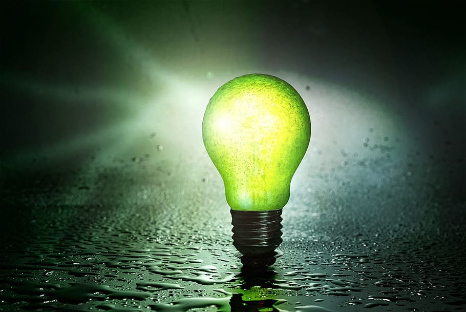green incandescent bulb, light bulb, fruit, pear, water, drip HD wallpaper