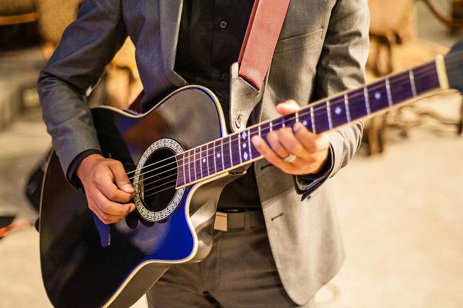 man playing guitar \, man playing acoustic guitar, suit, guitar player HD wallpaper