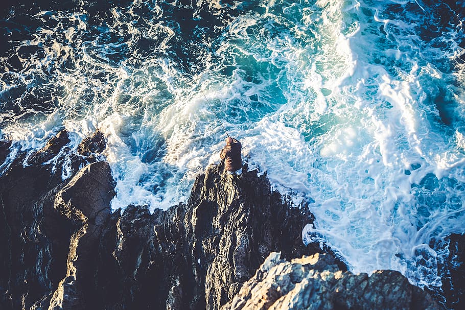 high angle photo of beach wave crushing on rocks, aerial view of seashore HD wallpaper