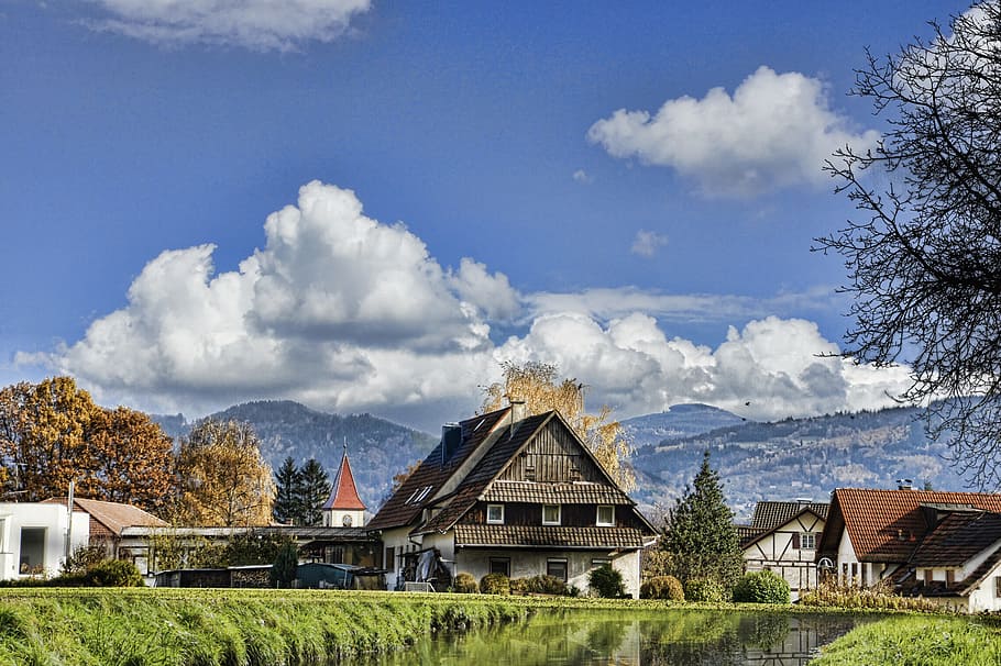 Building, Alpine, Mountains, distant view, homes, built structure HD wallpaper