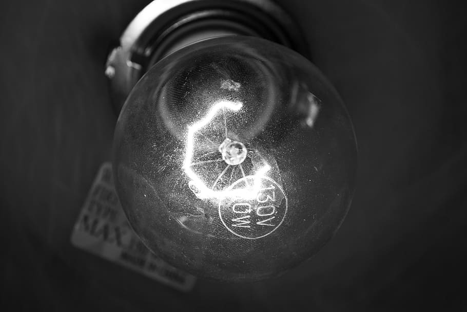 Light Bulb, Filament, Macro, Glass, electricity, black and white HD wallpaper