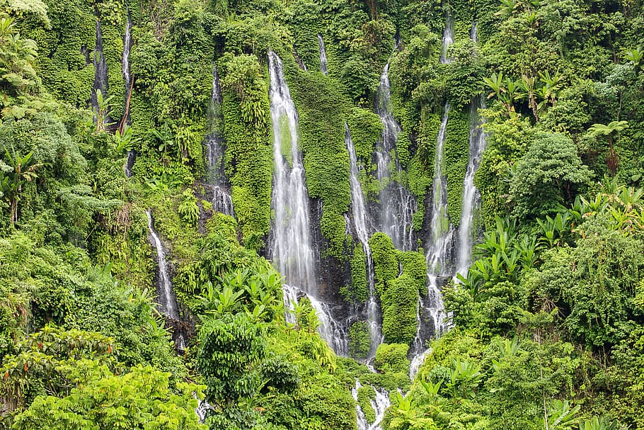 waterfall, mountains, nature, forest, green, landscape, rocks HD wallpaper